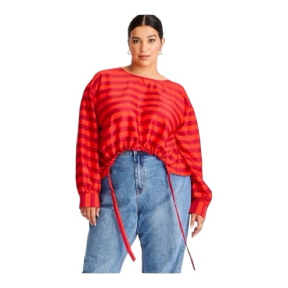 Future Collective Women's Size 1X Red Striped Crop Blouse